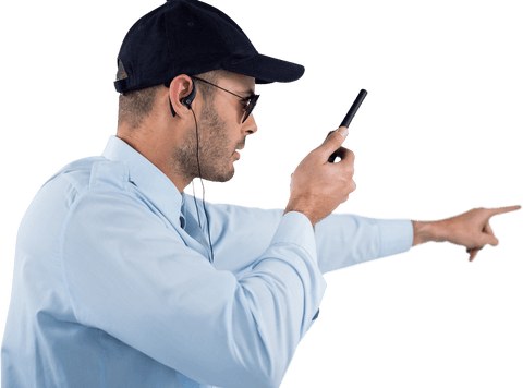 Security Guard Talking on Walkie Talkie and Gesturing in Transparent Background - Download Free Stock Videos Pikwizard.com