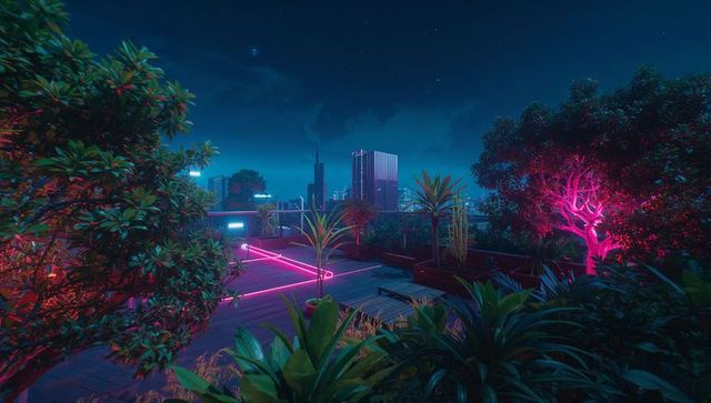 Futuristic Neon-Light Rooftop Garden with City Skyline View