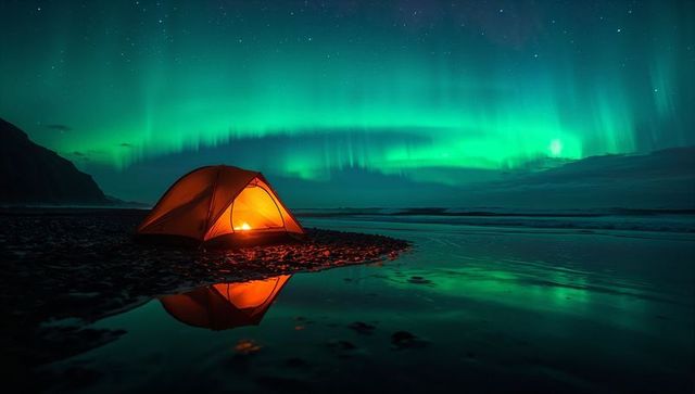 Glowing Orange Tent Reflecting on Coastal Tidal Pool Under Vibrant Northern Lights