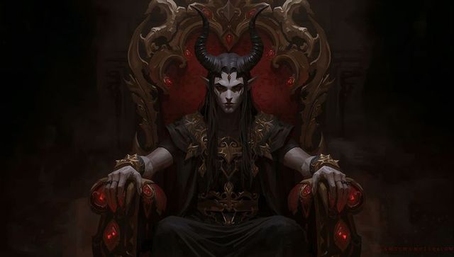 Horned demon monarch on gothic throne with gemstone filigree