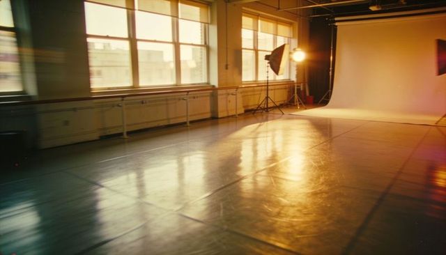 Sunlit dance studio featuring reflective marley floor, seamless backdrop and studio lights