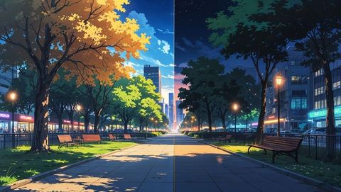 Day and night anime contrast in urban park avenue