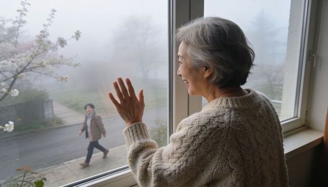 Senior woman waving from window on foggy morning while neighbor walks by