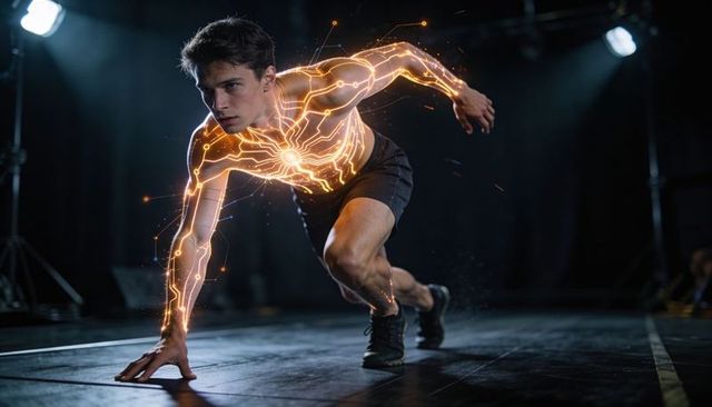 Male sprinter powering forward with glowing cybernetic circuitry, futuristic athletic speed