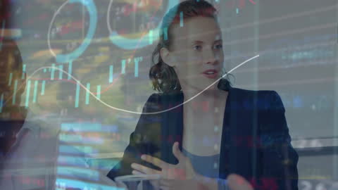 Diverse Team Collaborating in Modern Office with Stock Market Overlay