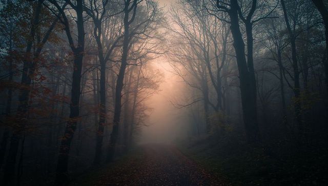 Mysterious pathway through foggy autumn woodland with bare trees
