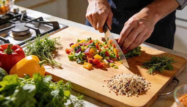 Hands chopping colorful bell peppers and herbs on wooden cutting board for meal prep