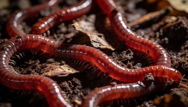 Glossy red-brown millipedes crawling over moist leaf litter macro close-up detail