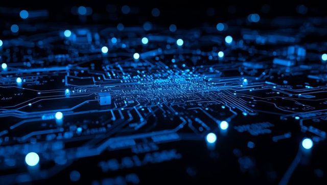 Glowing Circuit Board with Blue LED Nodes Exemplifying Digital Connectivity