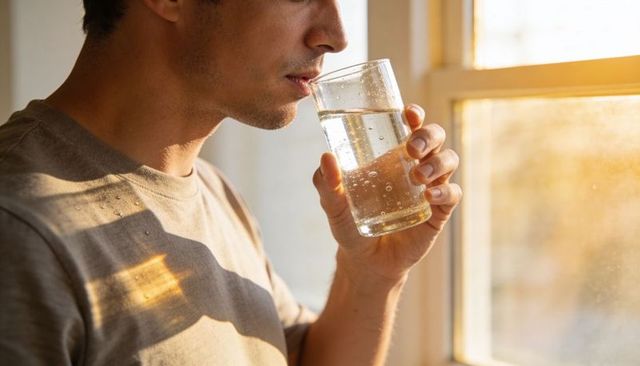 Man drinking sparkling water by sunlit window in casual crew-neck T-shirt