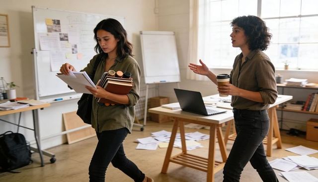 Creative team collaborating with walking coworker reviewing notes in sunlit studio