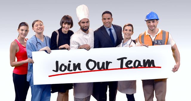 Group of professionals from different sectors holding 'Join Our Team' banner inviting job seekers to explore career opportunities. Suitable for use in advertisements and marketing campaigns related to recruitment and employment services, promoting teamwork and diversity in the workplace.