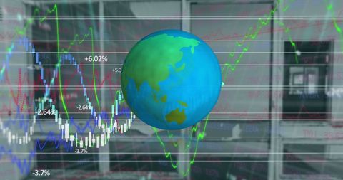 Global economy concept with globe overlay and stock data