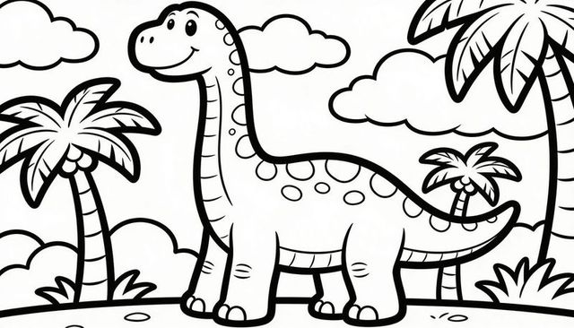 Smiling long-neck dinosaur coloring page with palm trees, clouds, tropical plants