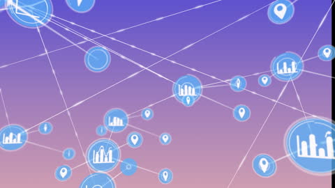 Futuristic Digital Network Animation with Graphs and Location Icons