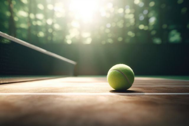 Close up of green tennis ball lying on tennis court created using generative ai technology. Tennis and sport concept digitally generated image.