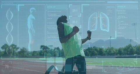 Digital Interface Over Athlete with Running Blade on Track