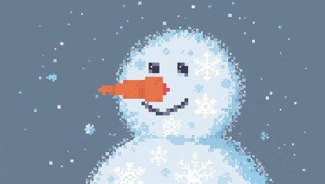Smiling pixel-art snowman with carrot nose in snowy retro 8-bit winter game style