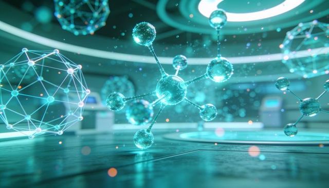Glowing Cyan Holographic Molecule Hovering Above Futuristic Lab Platform, Data Network