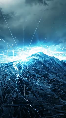 Cyan energy surge riding wave crest sending electric arcs and sparks | Vertical video