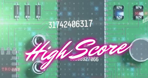 Neon High Score Overlay on Circuit Board and Data - Download Free Stock Images Pikwizard.com