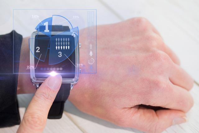 Hand wearing smartwatch with futuristic augmented reality interface showing various analytics and data visualizations. Ideal for use in technology blogs, business presentations, innovation showcases, and digital marketing materials.