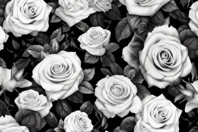 Intricate black and white pattern of roses forming a seamless, elegant floral motif. Ideal for use in textile design, wallpaper, graphic design backgrounds, invitations, and packaging. The vintage vibe adds a timeless, sophisticated touch.