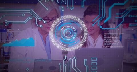 Female researchers analyzing lab data with augmented reality hud, collaboration analytics