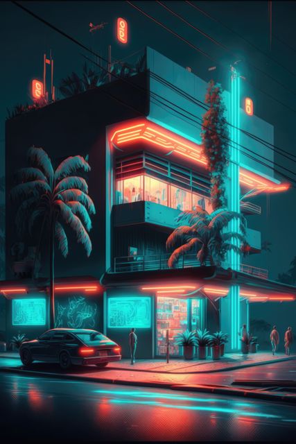 Futuristic city scene featuring neon-lit building with vibrant red and blue lights, reflecting an urban, cyberpunk theme. Palm trees surround the structure, enhancing the sci-fi atmosphere. Useful for representing futuristic urban landscapes, technology-driven environments, or night city concepts in video games, movies, and creative visuals.