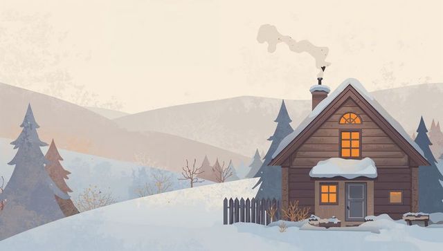 Nestling snow-covered log cabin with glowing windows and chimney smoke in winter valley