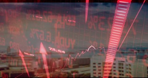 Red Market Overlay Showing Upward Arrows and Line Charts over Urban Waterfront Skyline