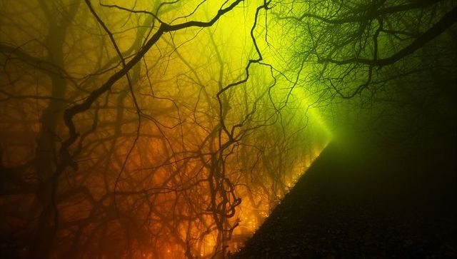 Enigmatic Tangled Branches with Colorful Misty Pathway