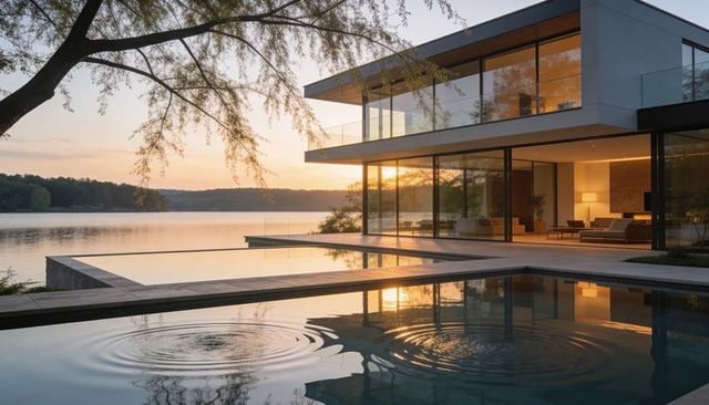 Showcasing modern lakeside cantilevered glass house at sunset with infinity pools