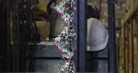 Innovative storage aisle with safety helmet and digital art overlay