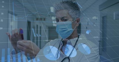 Senior doctor wearing mask examining blood vial with augmented analytics overlay