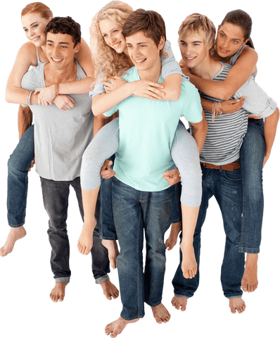 Youth Friends Enjoying Piggyback Activities on Transparent Background