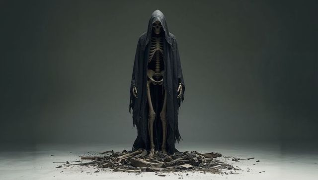 Eerie Skeletal Figure in Hooded Cloak in Minimalistic Setting
