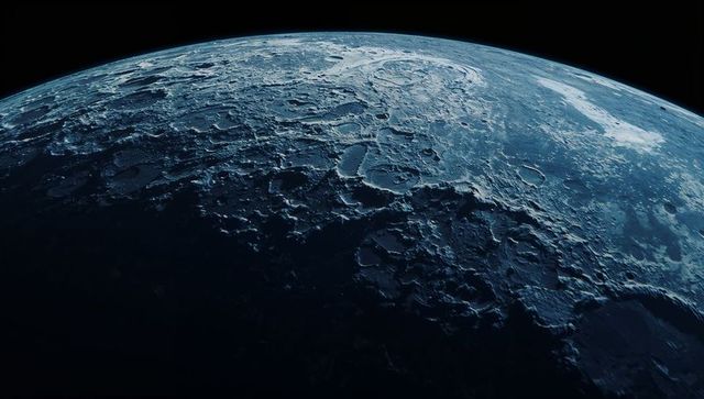 Icy planet covered in craters displaying mysterious terrain