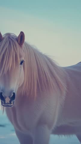 Vertical video of cream horse rotating head on pale shoreline with mane drifting in breeze