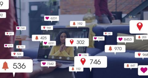 Collaborating in coworking lounge with floating social media notifications and video call