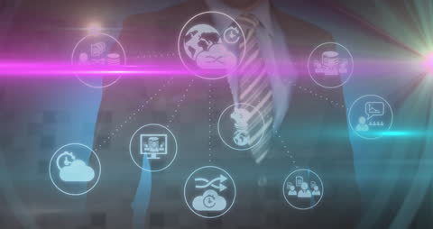 Business Manager with Futuristic Technology Icons in Background