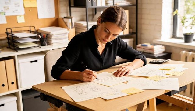 Sketching designer woman marking illustration drafts at tidy drafting desk in natural light