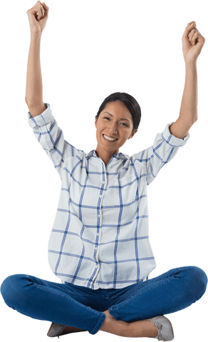 Happy Woman Raising Arms in Triumph Isolated on Transparent Background