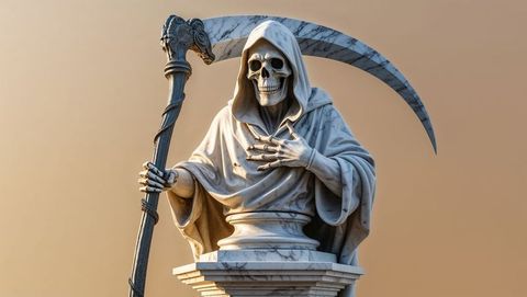 Grim Reaper Marble Sculpture with Scythe on Pedestal