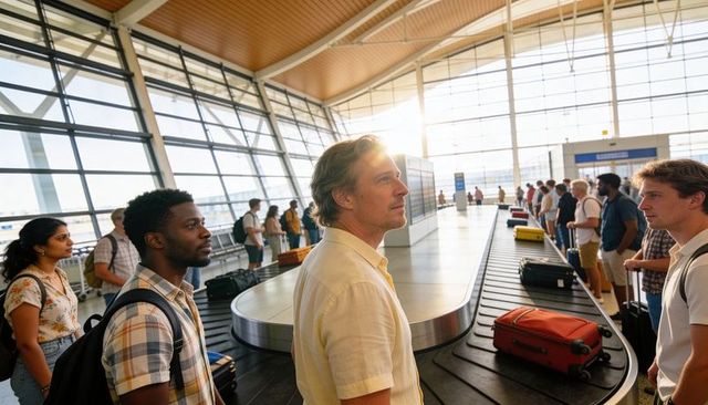 Passengers waiting at baggage claim conveyor belt in bright modern airport terminal