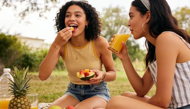 Young women enjoying backyard picnic sharing avocado fruit bowl and sipping orange juice