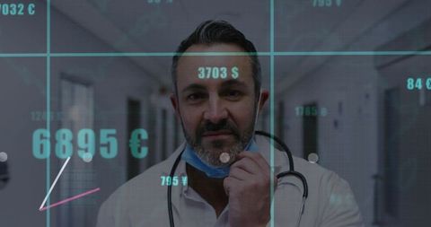 Doctor Lowering Surgical Mask in Hospital with Financial Data Overlay