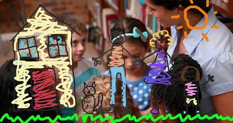 Teacher Reading Together with Kids in Library Surrounded by Playful Doodles