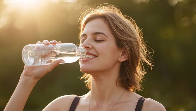 Young woman drinking from glass bottle outdoors at golden hour smiling healthy hydration