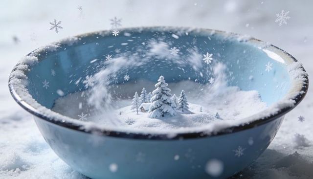 Miniature snowy landscape swirling inside light-blue enamel bowl with frosted rim